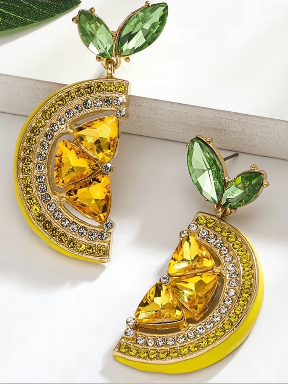 Yellow and Green Crystal Crescent Drop Earrings - Women Jewelry
